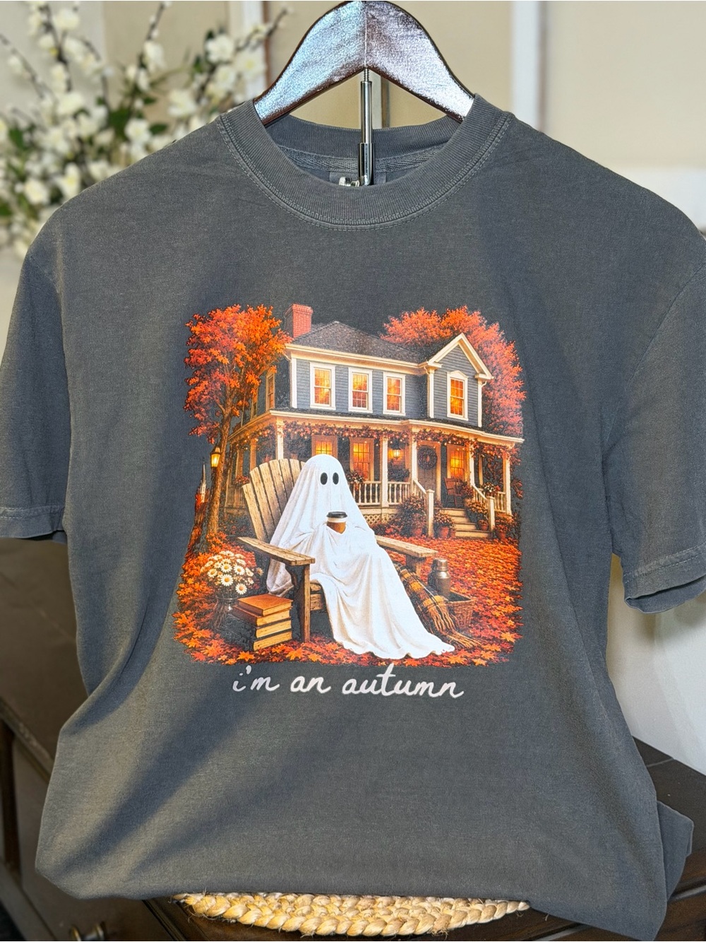 Comfort Colors Gray Tee with Autumn Ghost Graphic